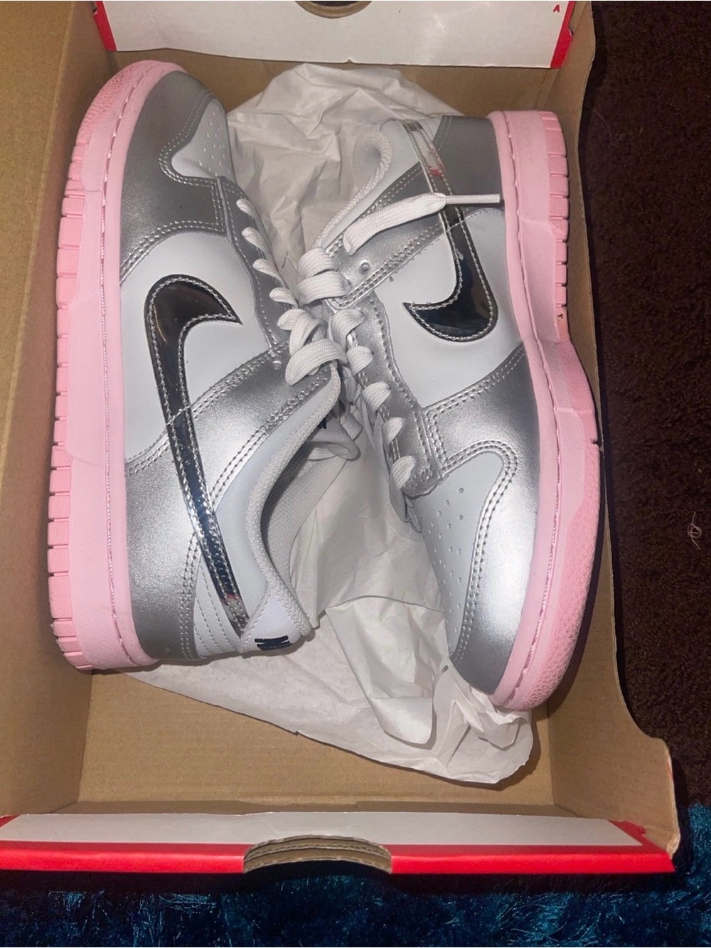 Nike Silver and Pink Low-Top Sneakers with Black Swoosh